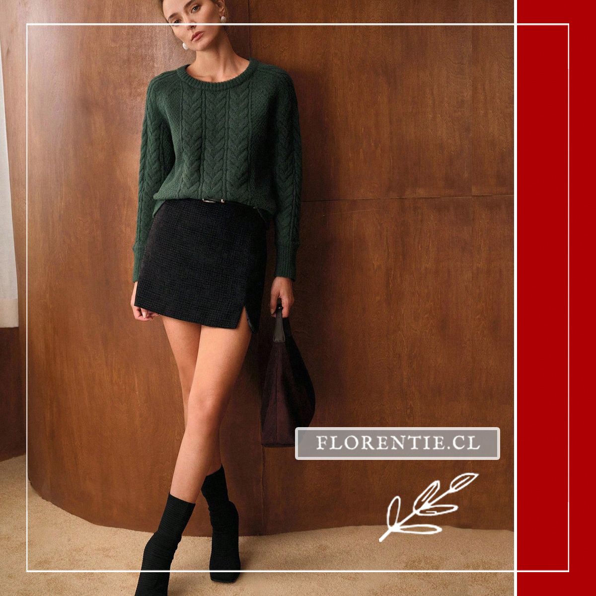 Vista de cuerpo entero de modelo con sweater verde oscuro de trenzas combinado con minifalda de tweed negra y botines, look de oficina invernal.
