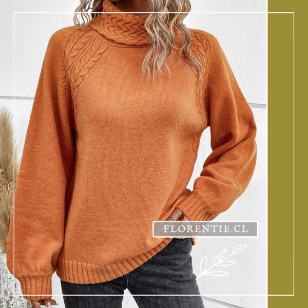 Vista frontal del chaleco naranja mostrando el patrón de trenzas cable knit en hombros, cuello volcado amplio y mangas globo con puños acanalados.