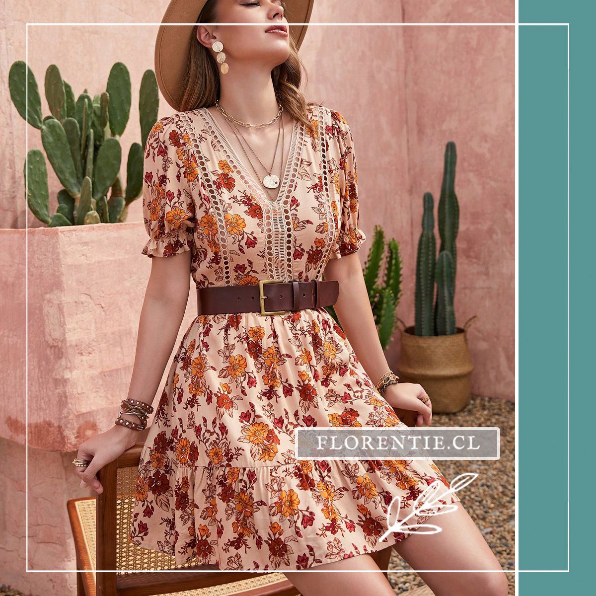 Vestido boho floral beige