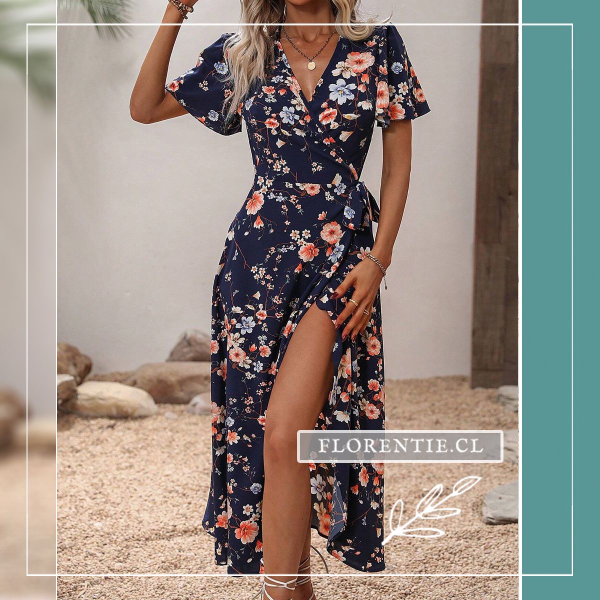 Vestido largo azul verano con flores