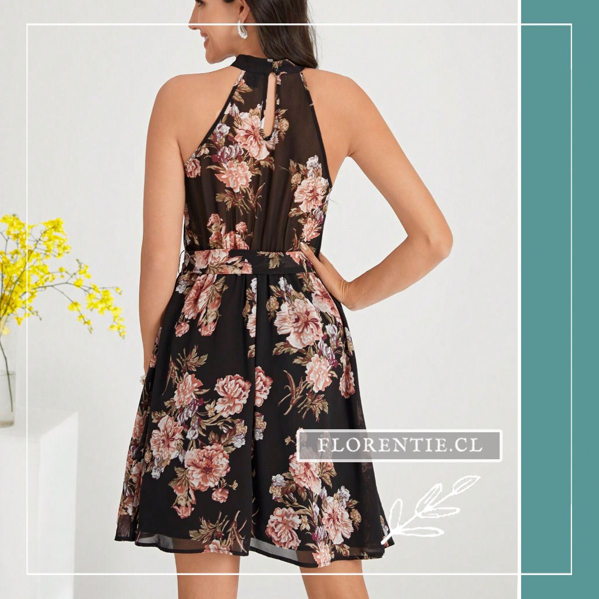 Espalda Vestido negro corto estampado floral rosado