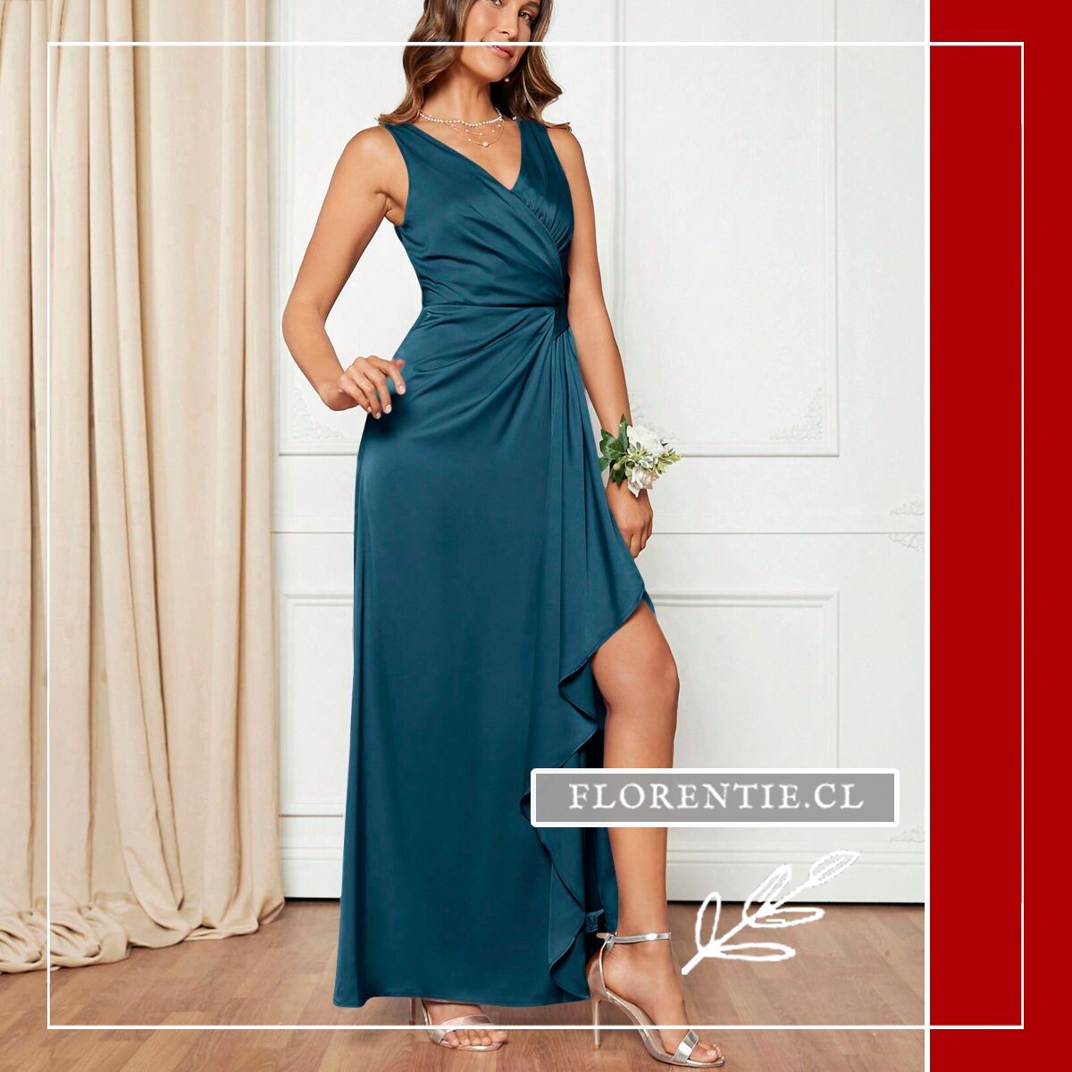 Vestido azul petróleo de fiesta drapeado