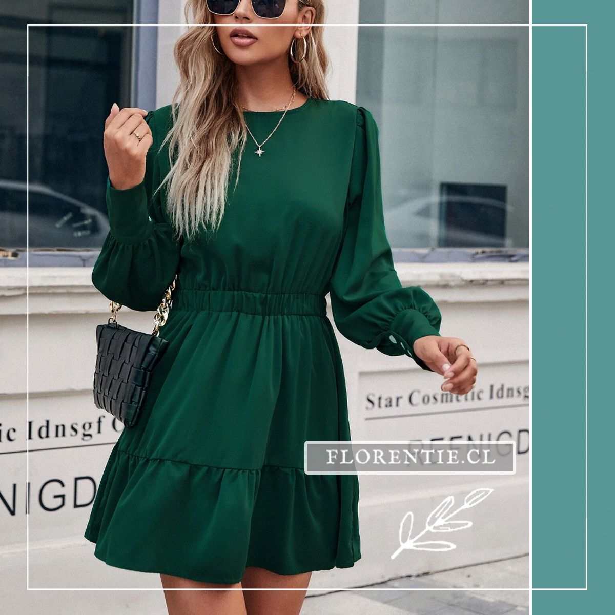 Vestido corto manga larga verde