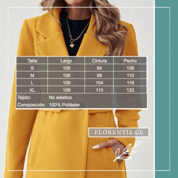 Tabla de medidas del abrigo amarillo mujer con tallas S M L XL: largo, cintura y pecho en centímetros