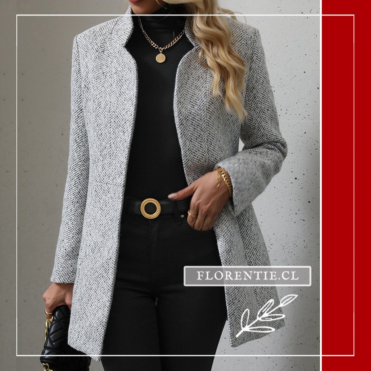 Vista frontal del abrigo gris claro mujer con diseño sin botones visibles, solapa minimalista y pantalón negro de vestir.