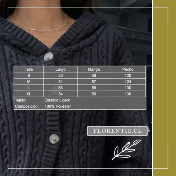 Tabla de medidas del cardigan azul marino mujer: tallas S a XL con largo, manga y pecho en centímetros. Tejido elástico ligero, 100% Poliéster. Florentie.cl