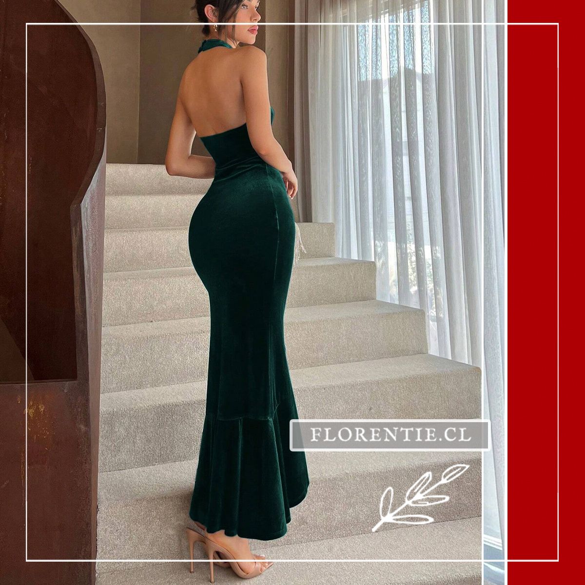 Vista posterior vestido fiesta terciopelo verde