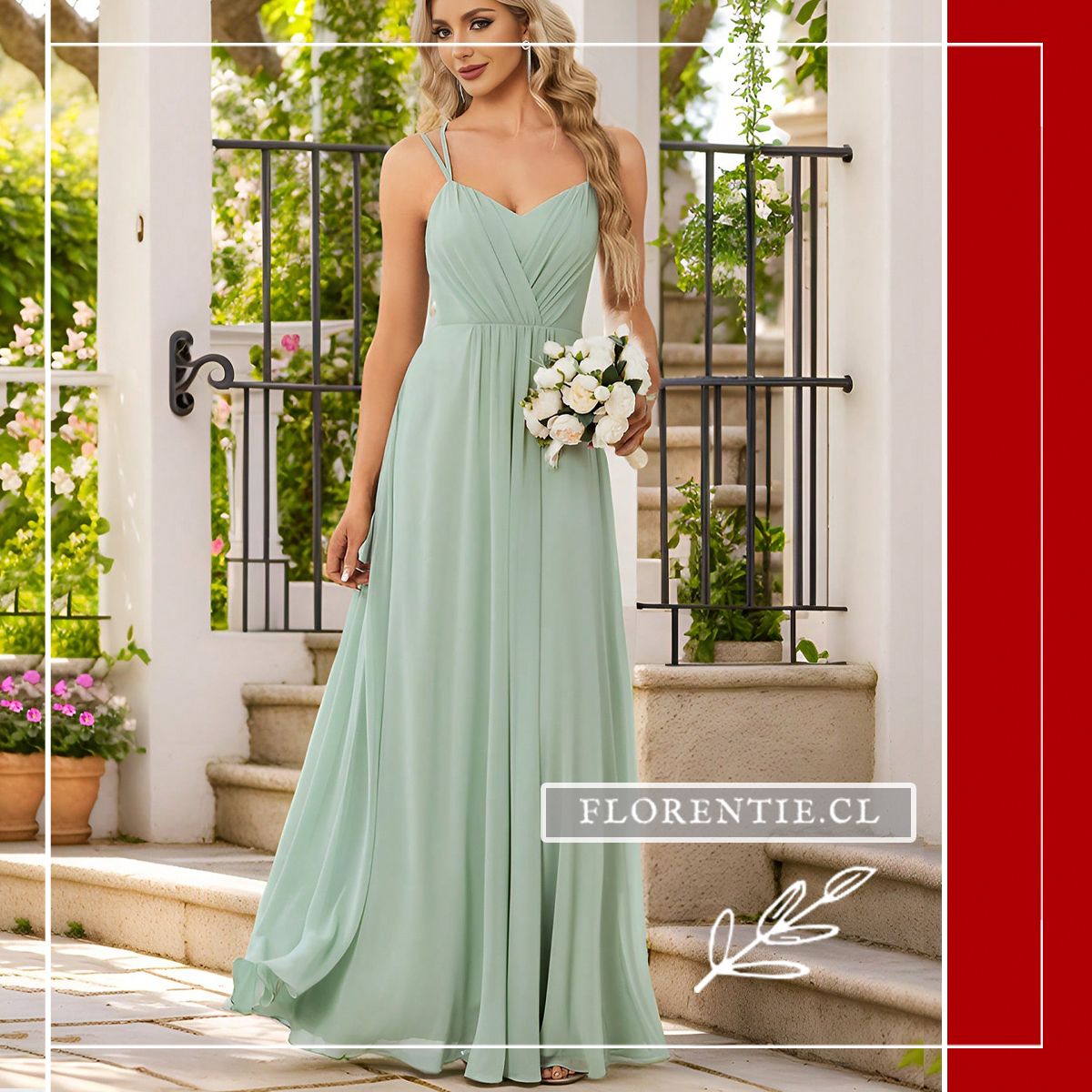 Modelo sosteniendo un ramo de flores blancas con vestido largo de gasa color verde menta y tirantes finos.