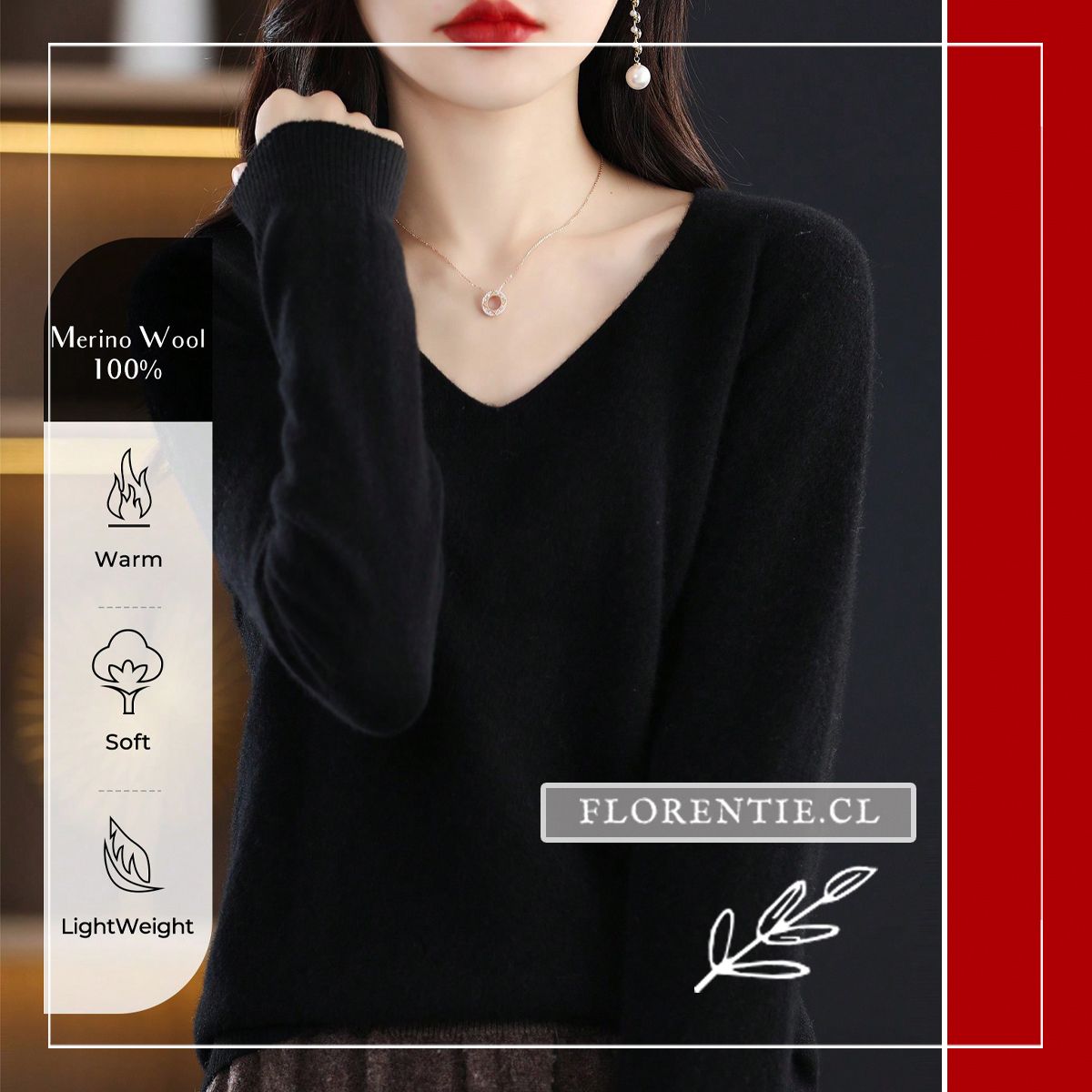 Infografía del sweater negro de lana merino 100% extrafina destacando propiedades térmica, suavidad y ligereza de la prenda.