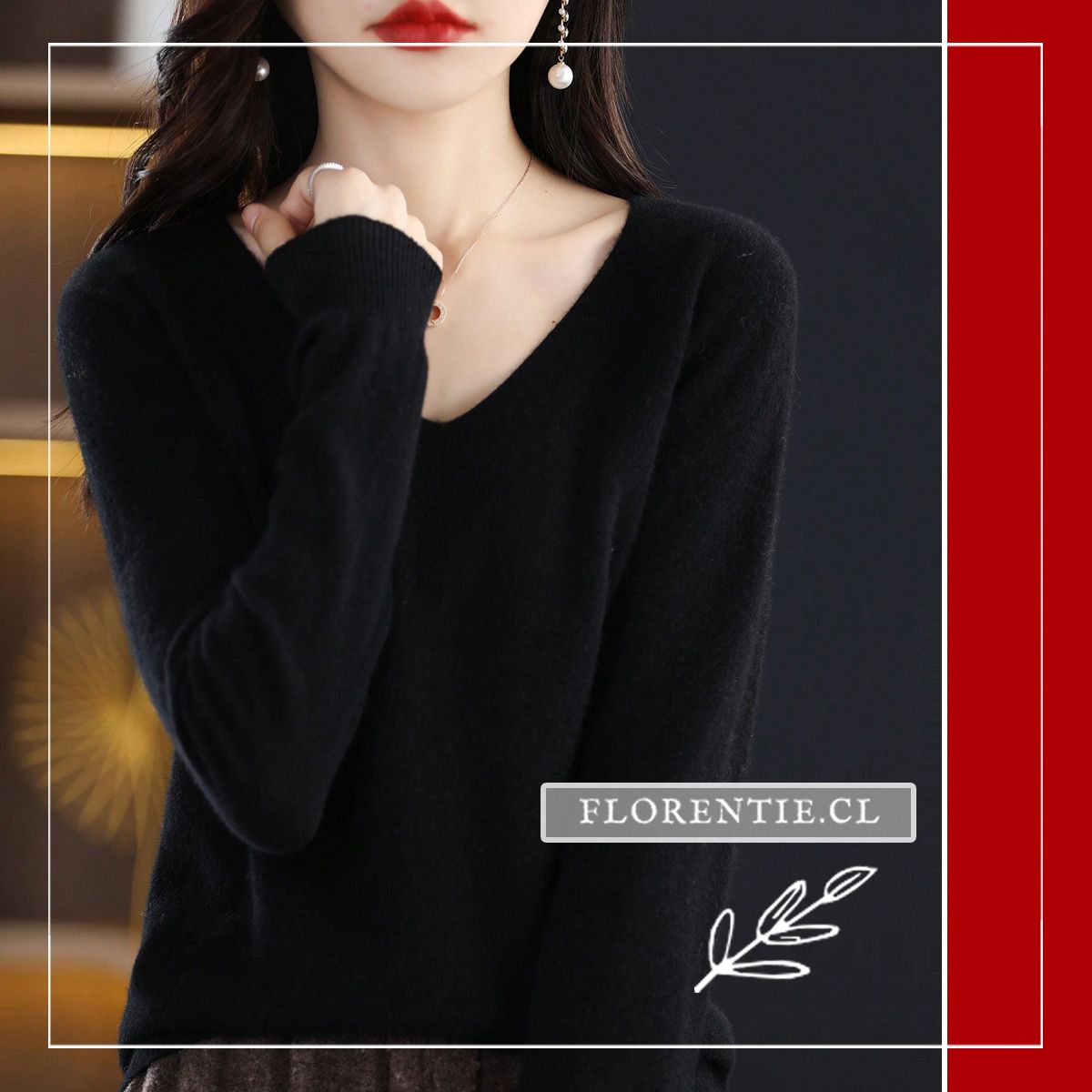 Modelo con mano en cuello luciendo sweater negro de lana extrafina con escote en V limpio y tejido de punto liso premium.