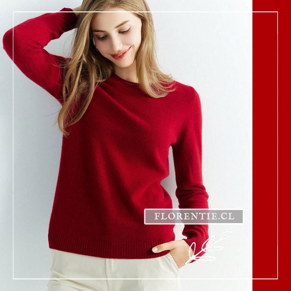 Modelo con mano en cabeza y vista lateral luciendo sweater rojo burdeo de lana merino 100% con cuello redondo firme y calce regular fit.