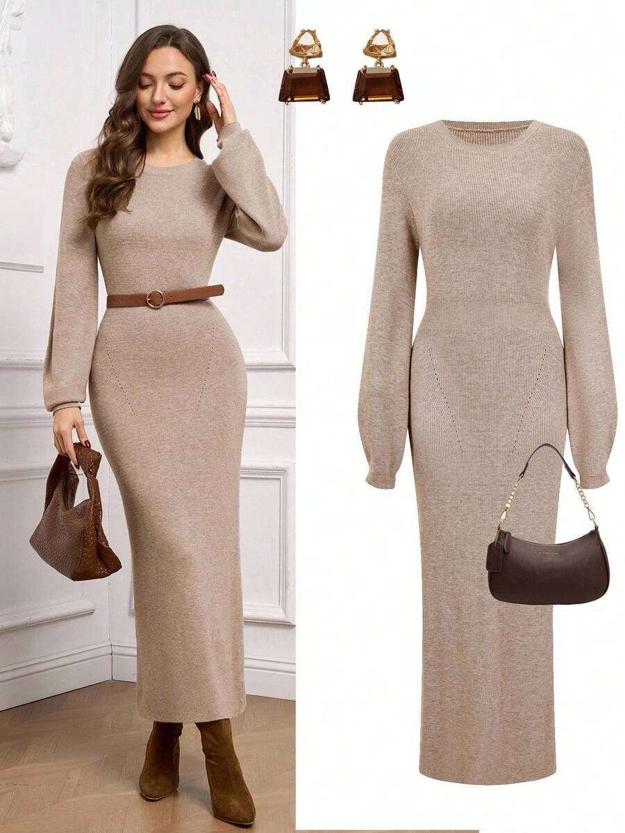 Modelo con vestido largo tejido beige de manga abullonada, cinturón café, botines de ante y cartera marrón, junto a vista del vestido con accesorios dorados