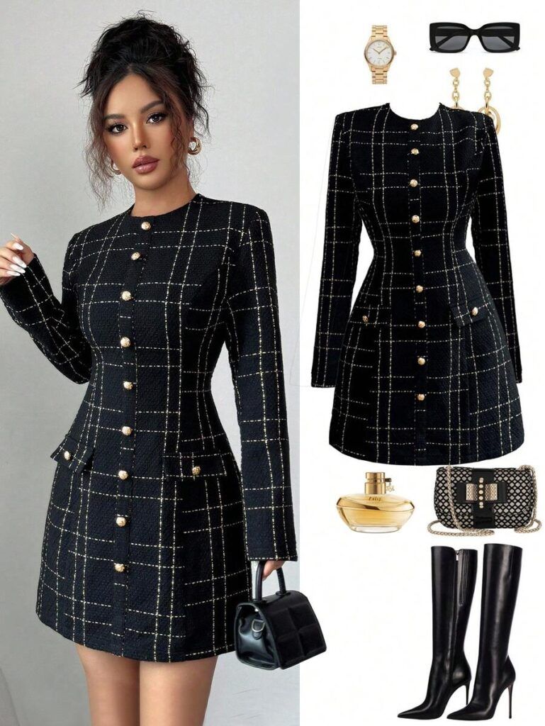 Vestido a cuadros negro y blanco con botones dorados decorativos manga larga corte entallado elegante estilo tweed parisino