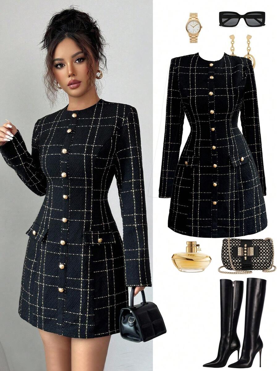 Vestido a cuadros negro y blanco con botones dorados decorativos manga larga corte entallado elegante estilo tweed parisino