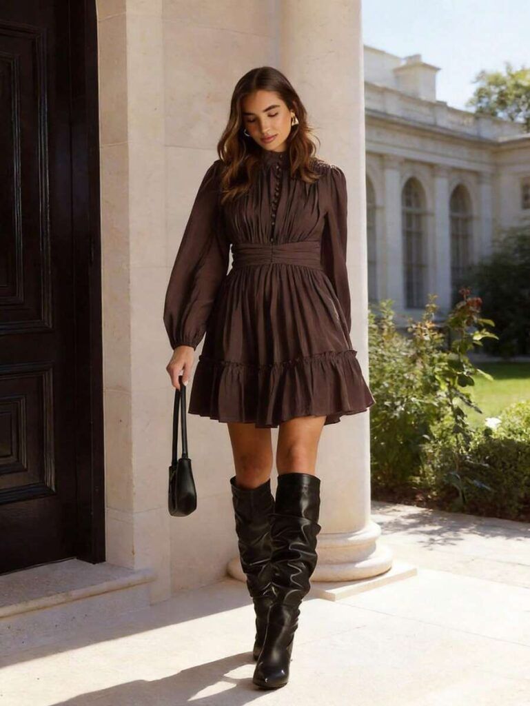 Mujer usando vestido manga larga globo Edith color café chocolate con botas altas negras en exterior elegante con arquitectura clásica