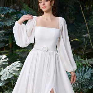 Vestido de novia civil blanco con escote cuadrado y mangas abullonadas de gasa modelo Francia vista frontal detalle cinturón