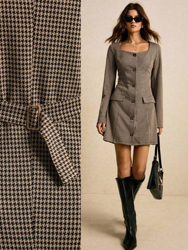 Modelo con vestido pata de gallo beige y negro de manga larga, escote cuadrado y botones frontales, combinado con botas negras y bolso de cuero