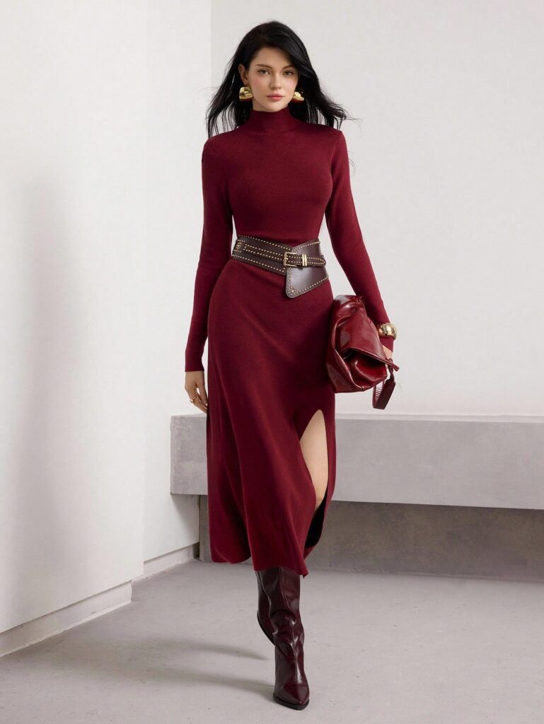 Modelo con vestido de punto burdeos cuello alto y manga larga, cinturón marrón con tachas, cartera roja y botas altas en fondo minimalista