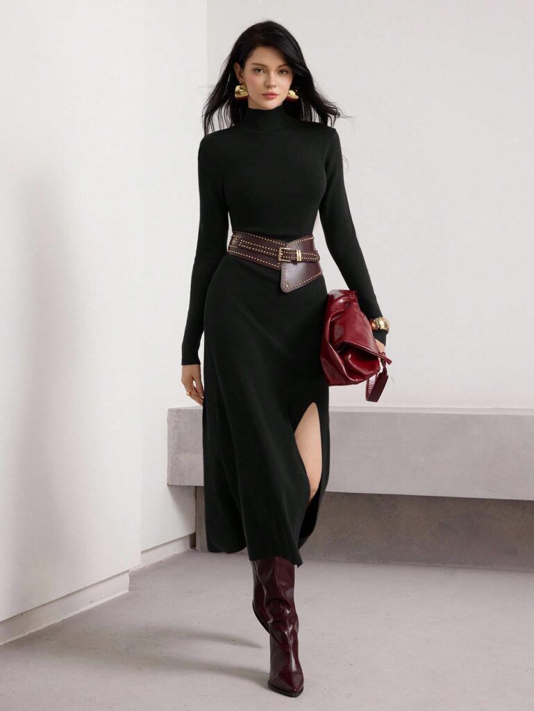 Modelo luciendo vestido negro de punto largo con cuello alto y cinturón café, sosteniendo cartera roja y usando botas burdeo