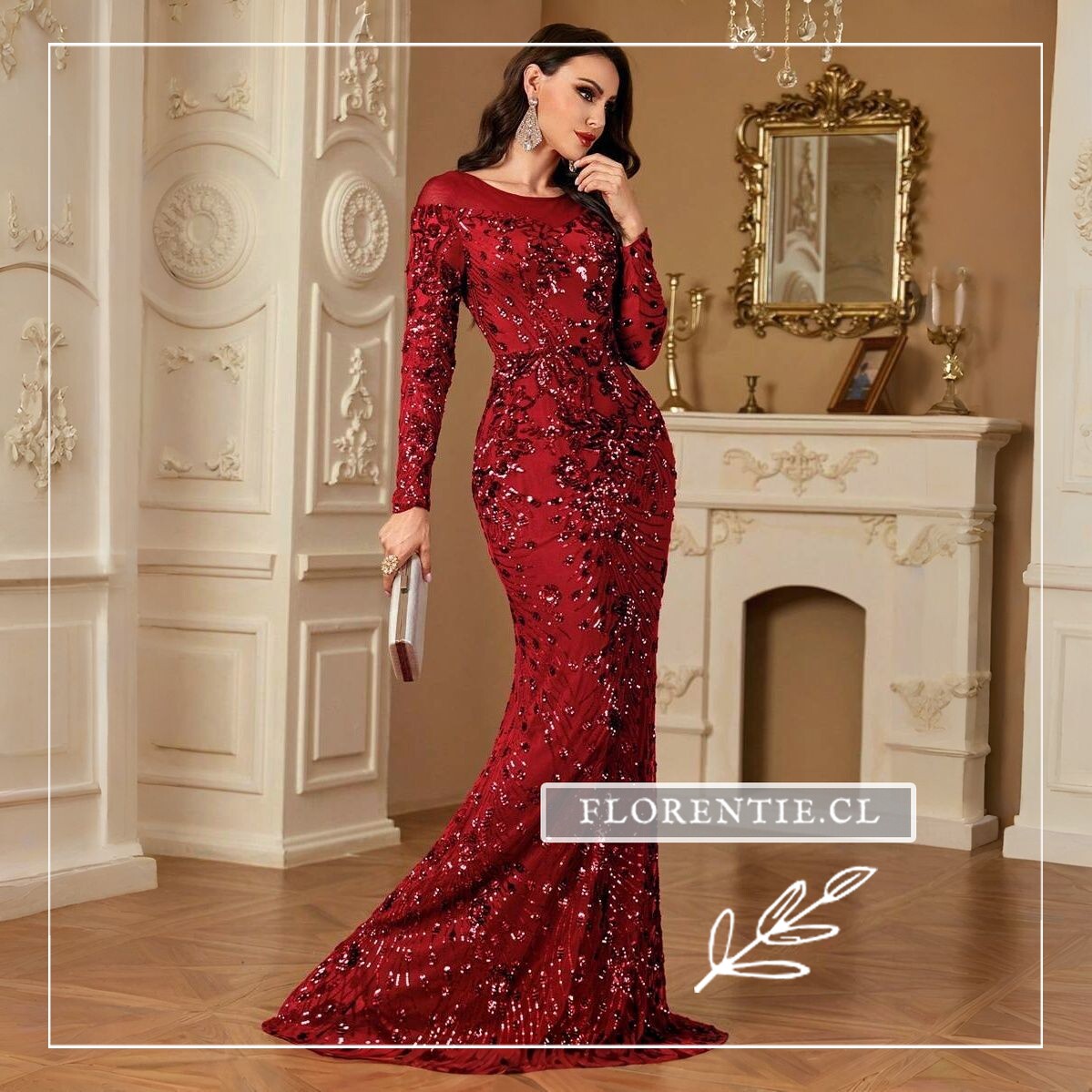 Vestido de gala rojo sirena con lentejuelas en patrón floral, canesú tul semitransparente y mangas largas