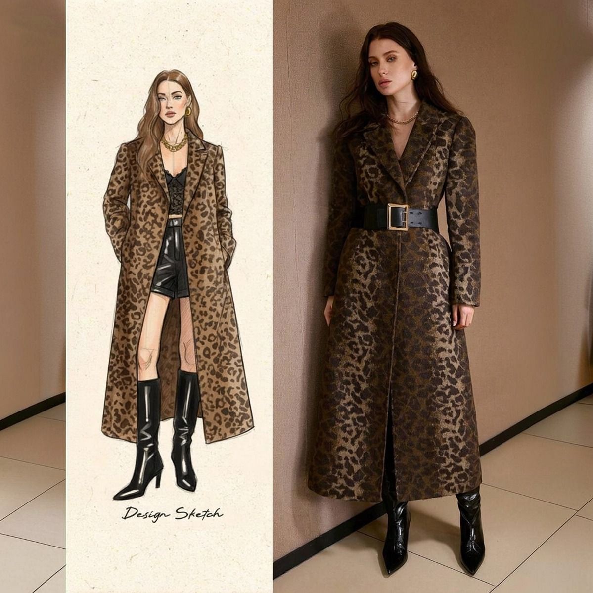 Ilustracion de diseno junto a foto real del abrigo largo animal print cafe con botas negras