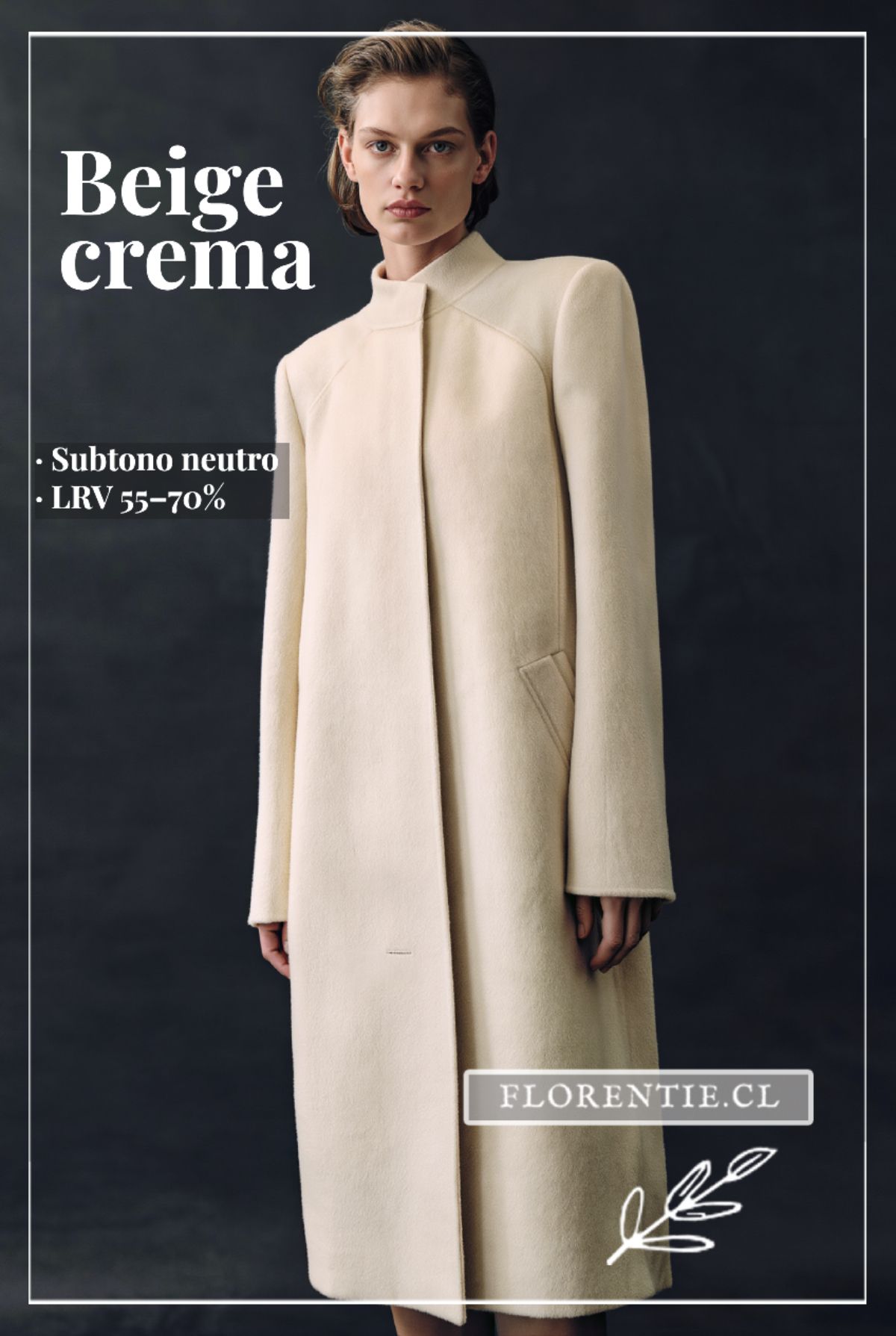 Abrigo beige crema para mujer con subtono de piel neutro — LRV 55–70%, silueta midi estructurada