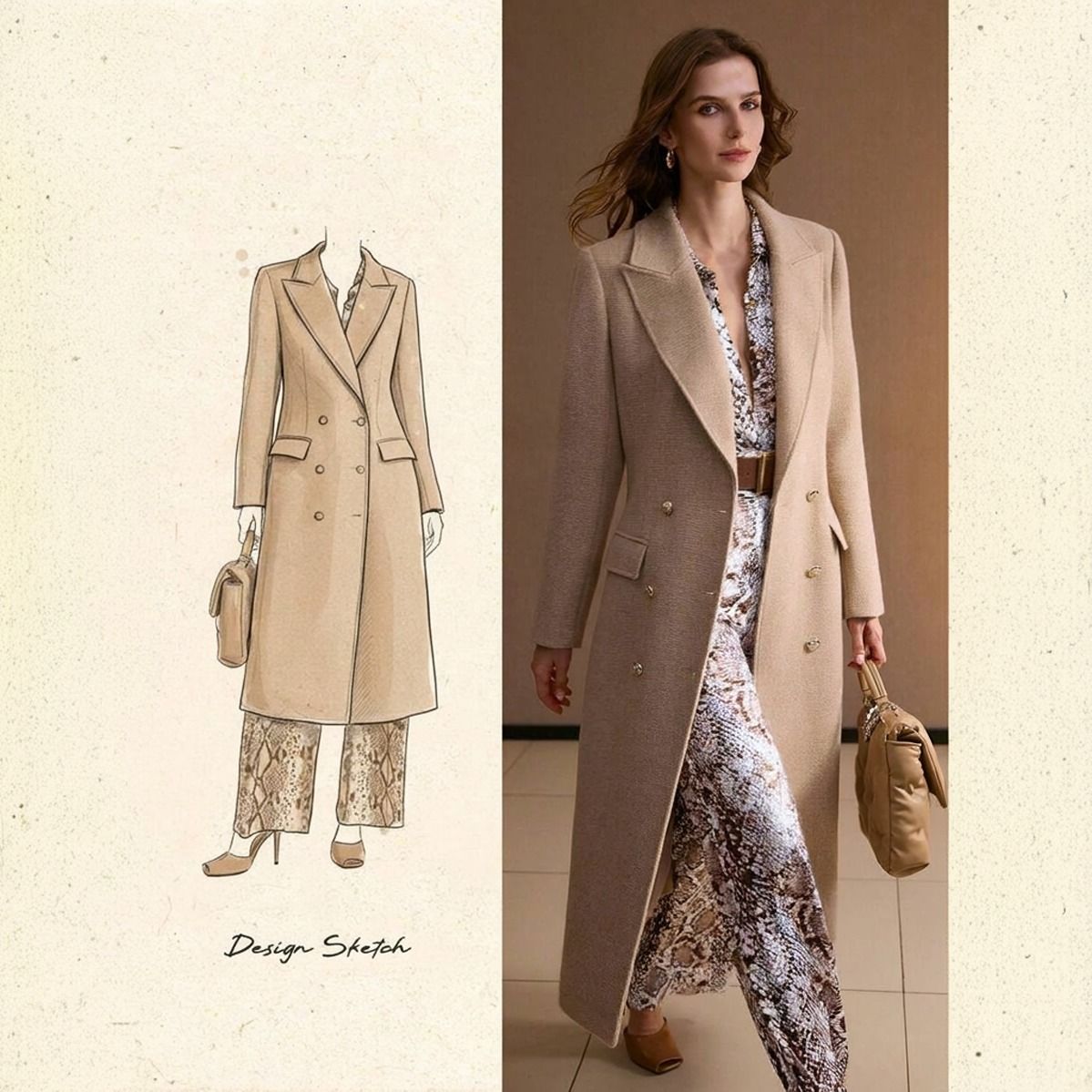 Boceto de diseño y foto de abrigo largo beige con doble botonadura dorada sobre modelo con conjunto estampado