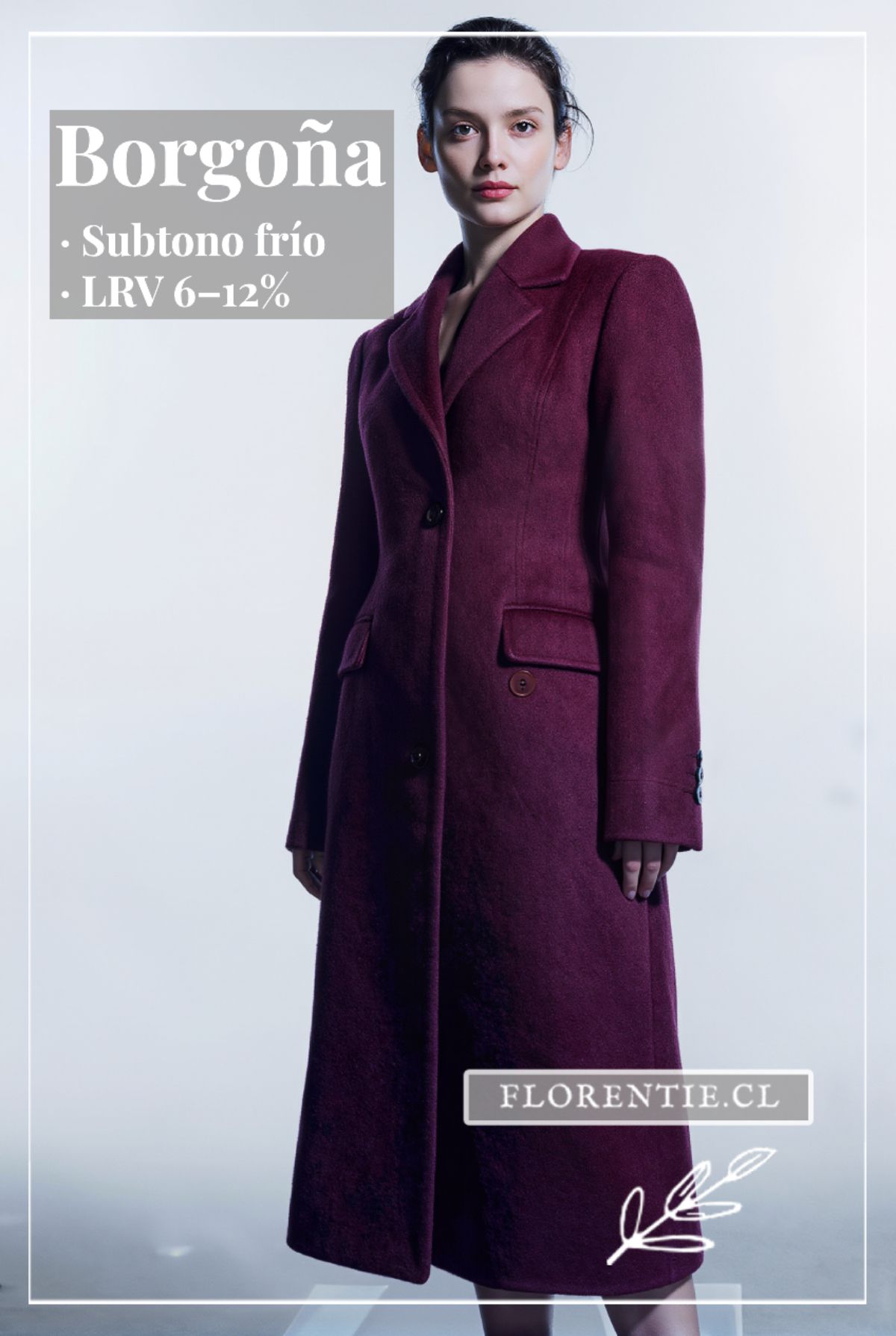 Abrigo borgoña para mujer con subtono de piel frío — LRV 6–12%, silueta midi estructurada