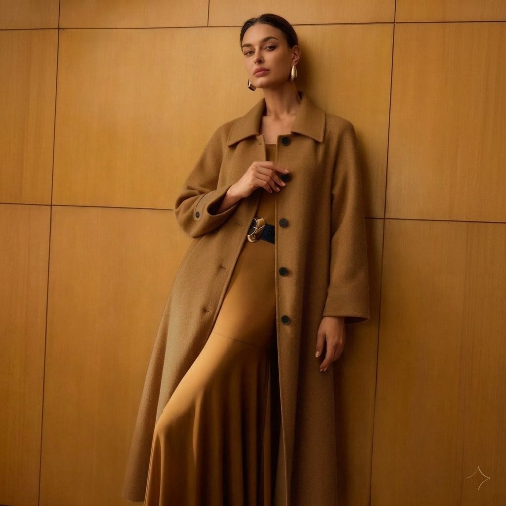 abrigo camel abierto sobre falda plisada larga cinturón negro cuello camisero amplio