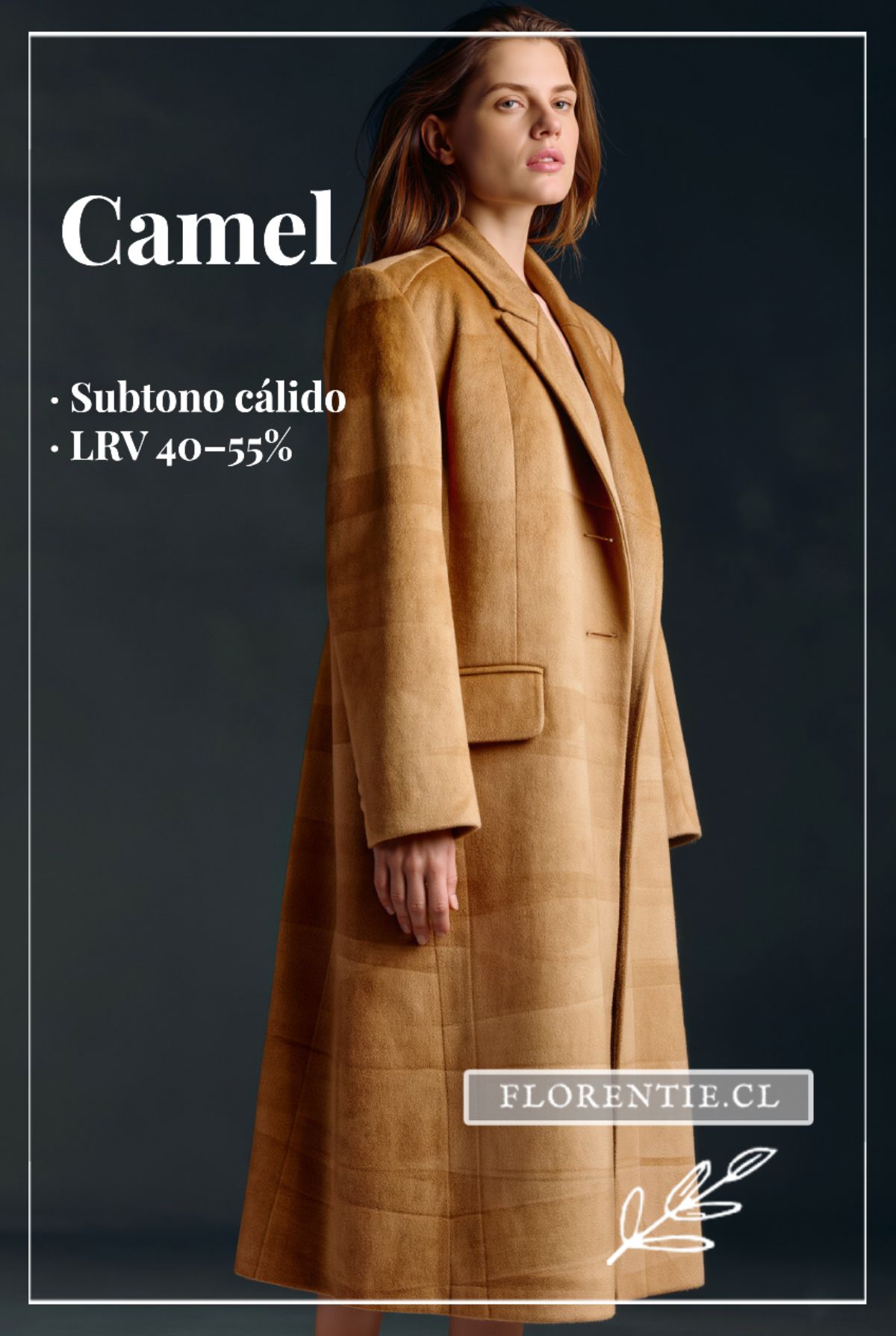 Abrigo camel para mujer con subtono de piel cálido — LRV 40–55%, silueta midi estructurada