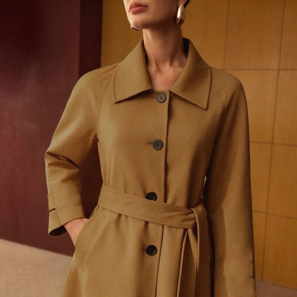 detalle cinturón abrigo camel wool blend con botones oscuros y cuello camisero cerrado