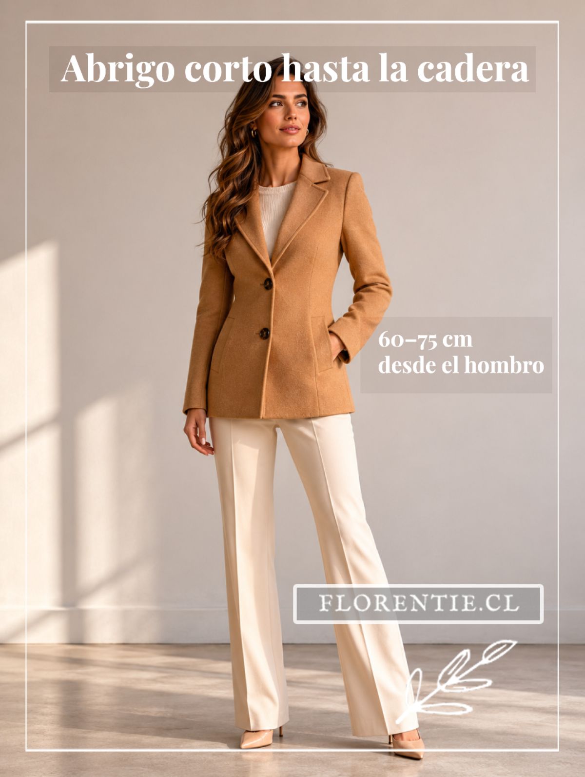 Abrigo corto de cadera para mujer — largo 60–75 cm desde el hombro, silueta entallada en lana camel