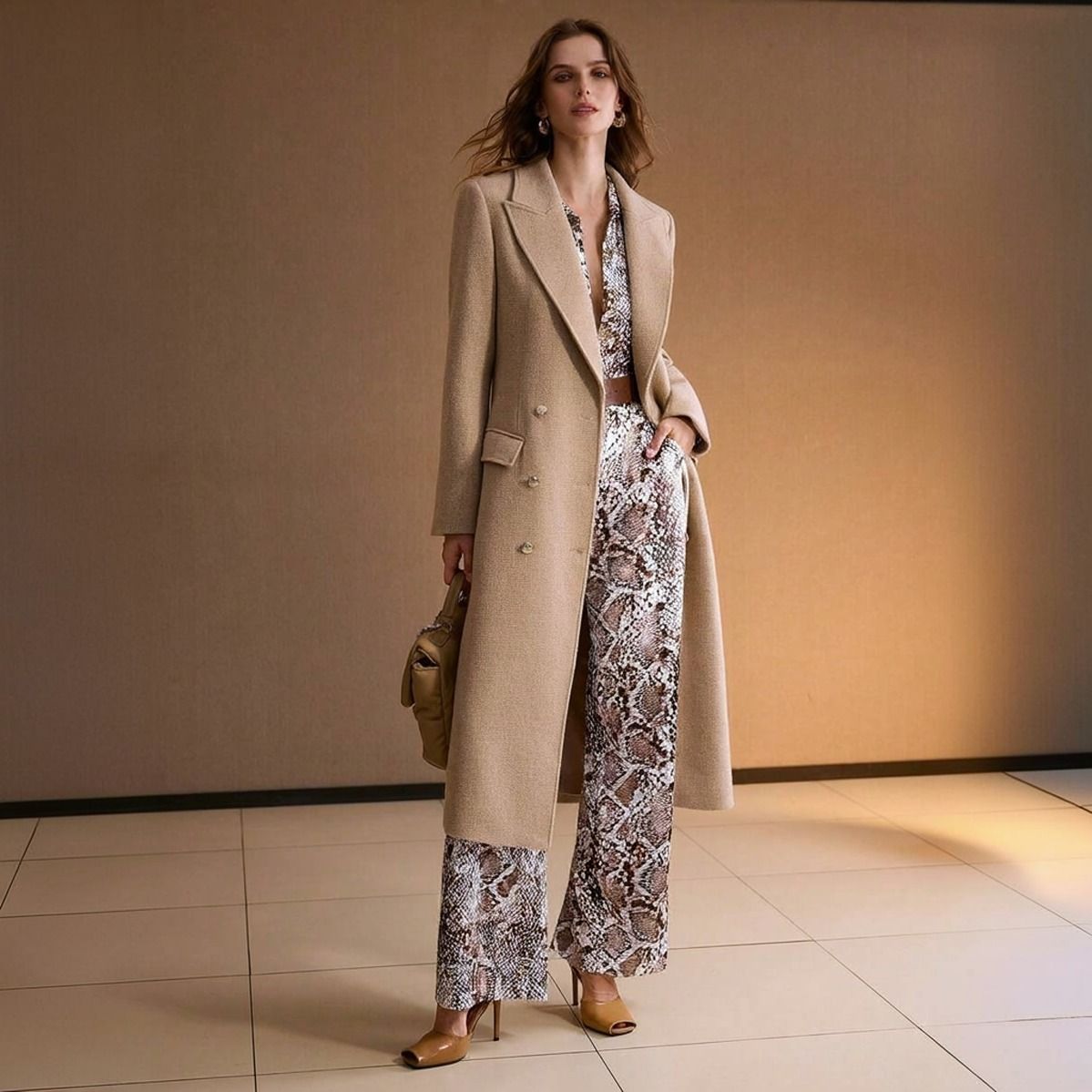 Modelo caminando con abrigo largo beige abierto sobre conjunto estampado animal print y cartera camel