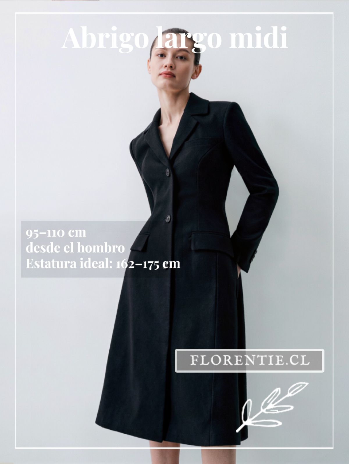 Abrigo largo midi negro para mujer — largo 95–110 cm desde el hombro, dobladillo bajo la rodilla