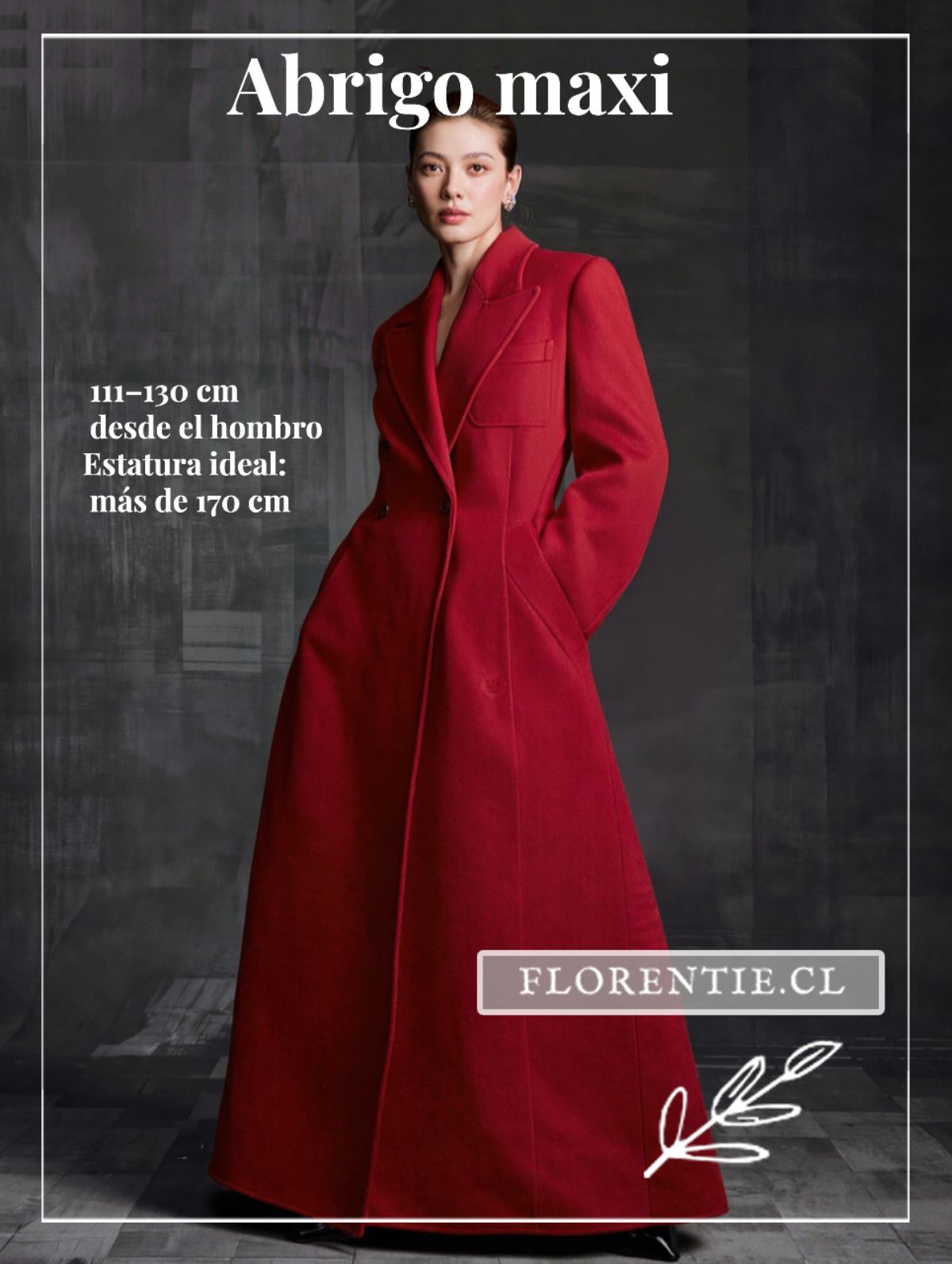 Abrigo maxi rojo para mujer — largo 111–130 cm desde el hombro, dobladillo cerca del tobillo