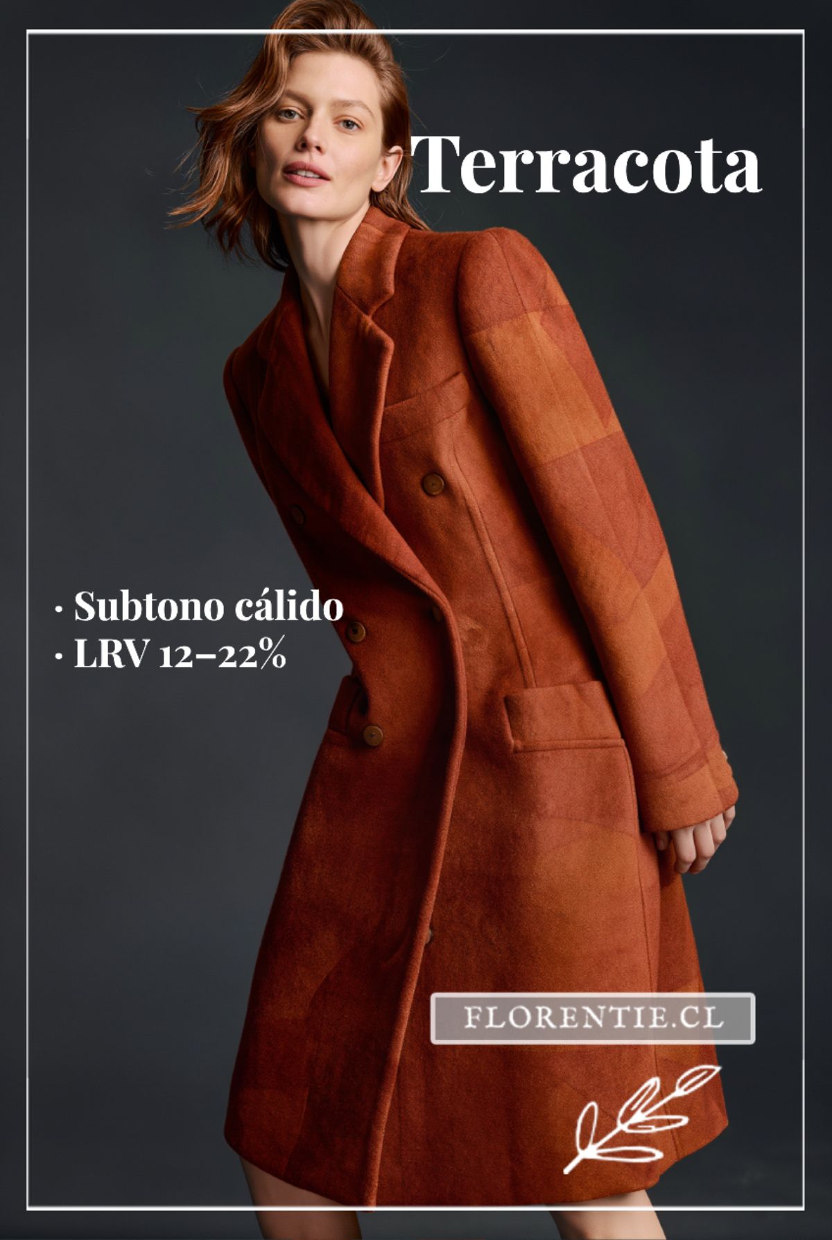 Abrigo terracota para mujer con subtono de piel cálido — LRV 12–22%, silueta midi estructurada