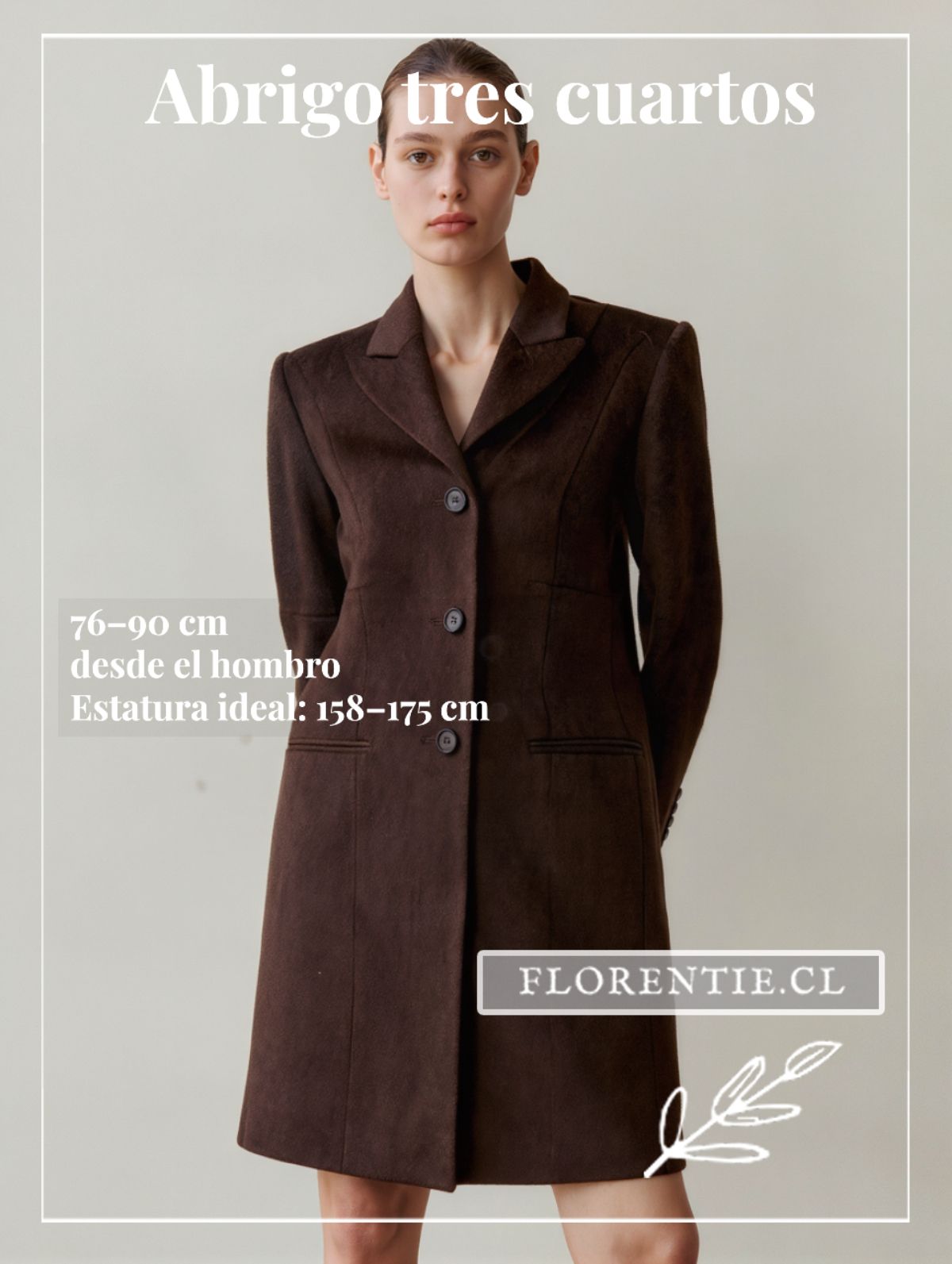 Abrigo tres cuartos para mujer en marrón chocolate — largo 76–90 cm desde el hombro, hem a mitad del muslo