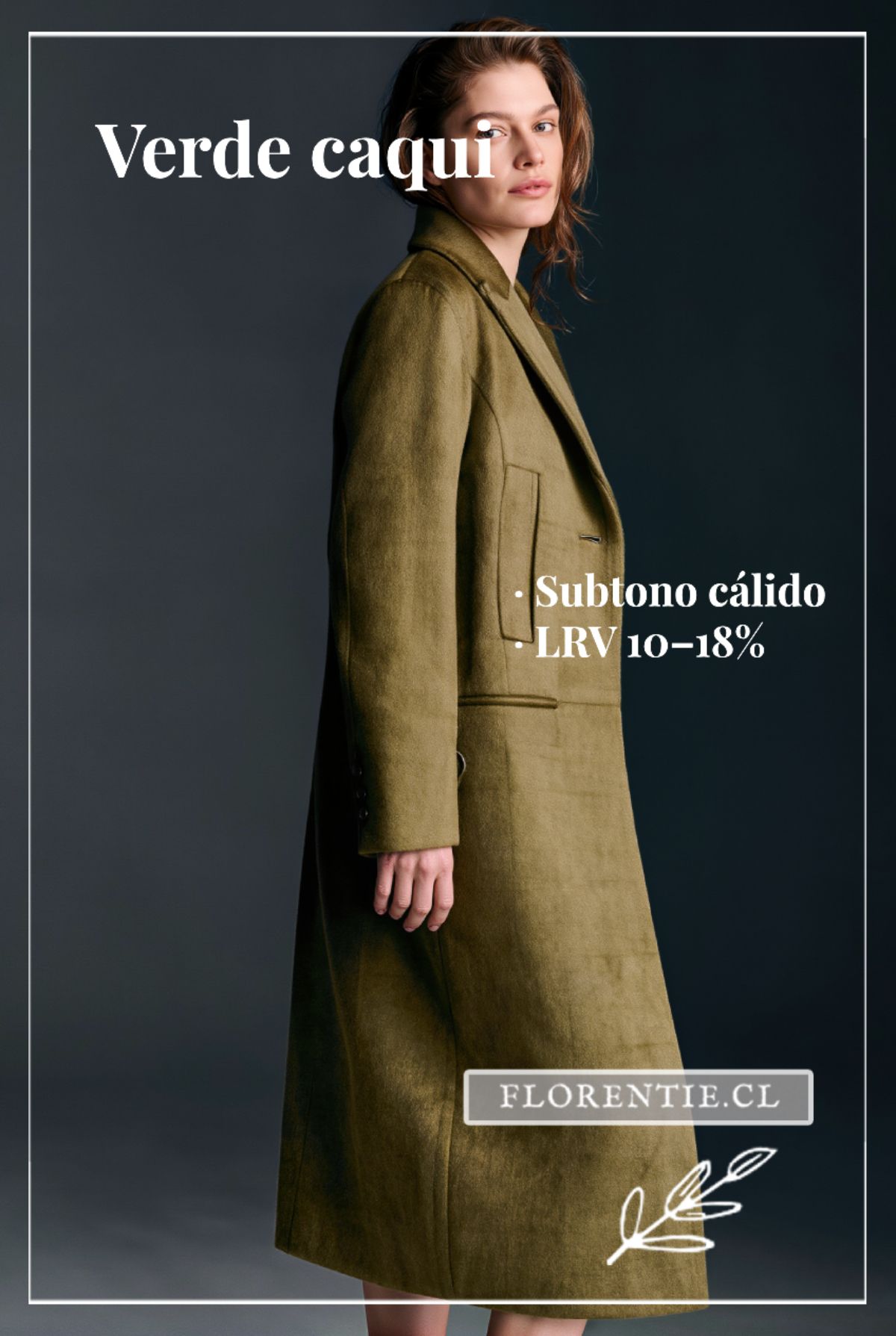 Abrigo verde caqui para mujer con subtono de piel cálido — LRV 10–18%, silueta midi estructurada