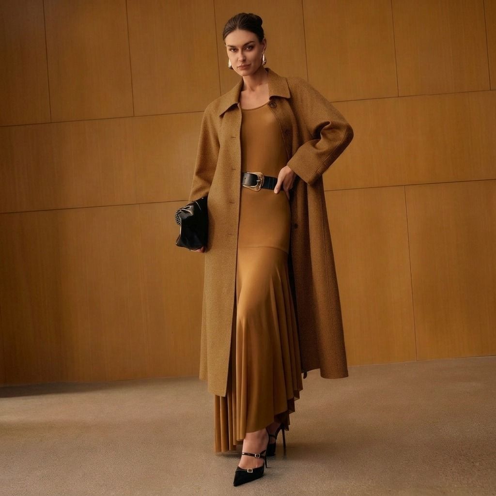 abrigo camel wool blend abierto sobre vestido largo con cinturón negro y cartera oscura