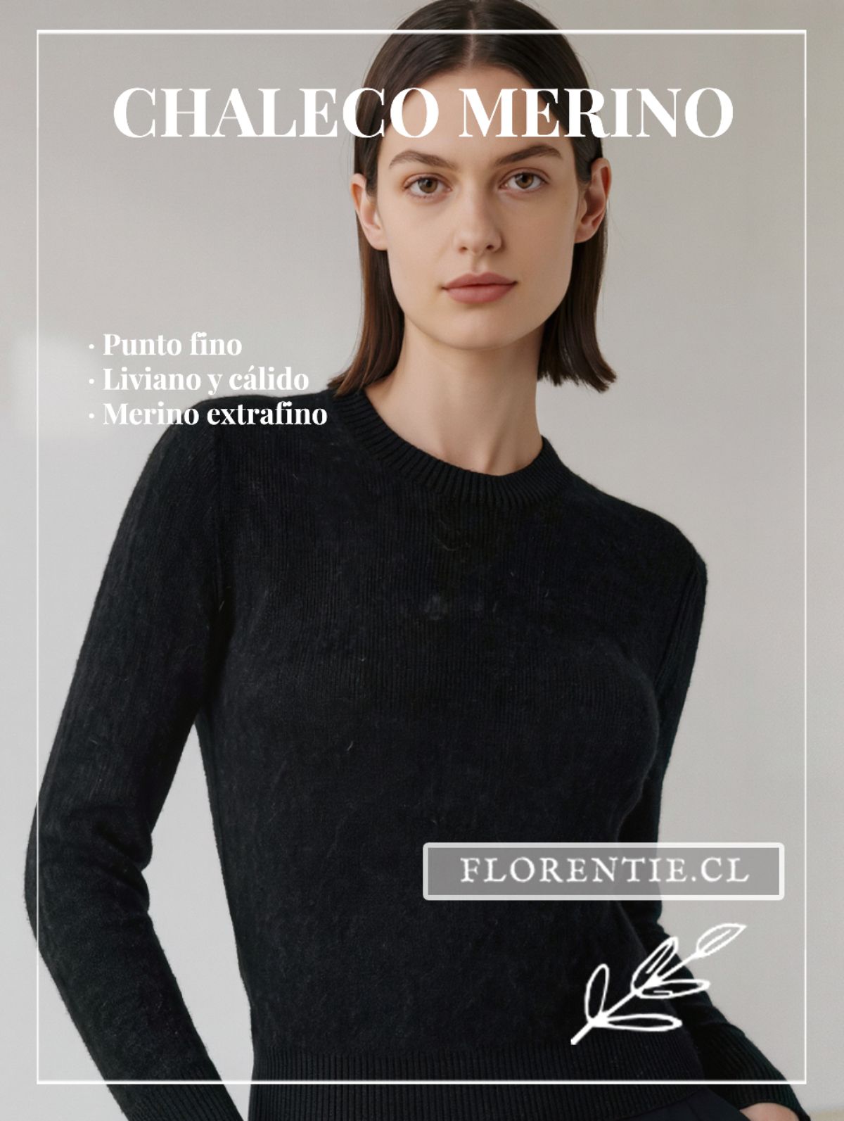Chaleco de lana merino negro manga larga — tejido fino y suave, silueta entallada para mujer