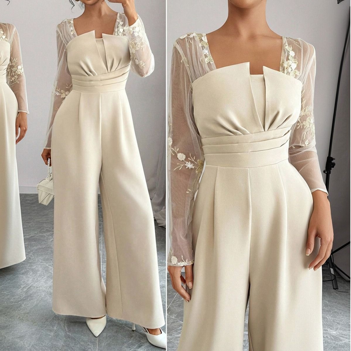 Enterito formal beige con mangas de tul bordado floral, vista frontal completa y detalle de busto