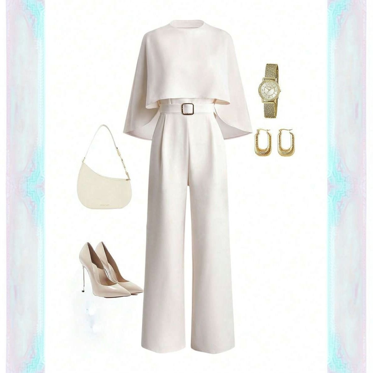 Enterito blanco formal con capa junto a stilettos beige, cartera blanca, aros dorados y reloj dorado