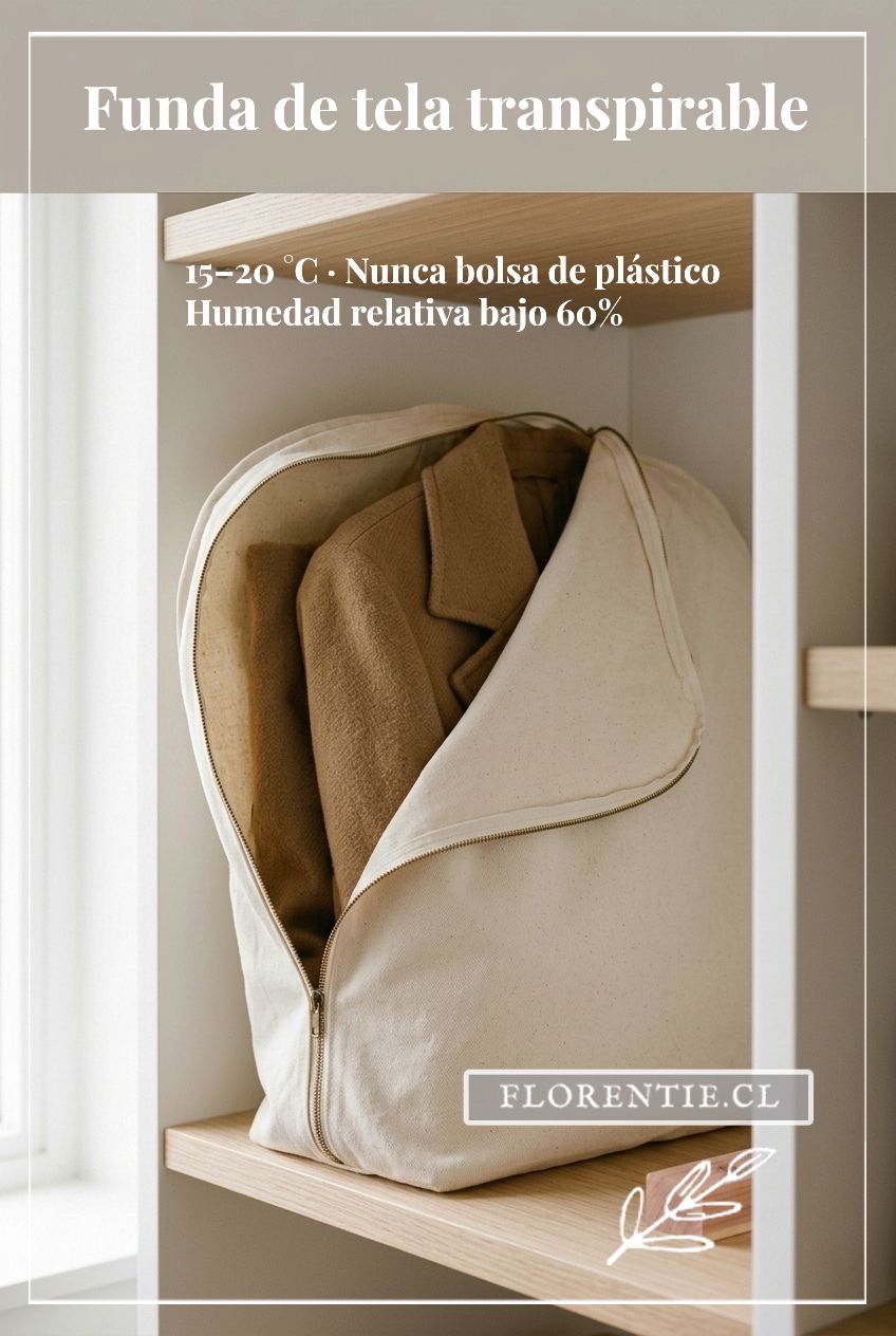 Abrigo de lana camel guardado en funda de algodón transpirable — almacenamiento correcto en armario a 15–20°C