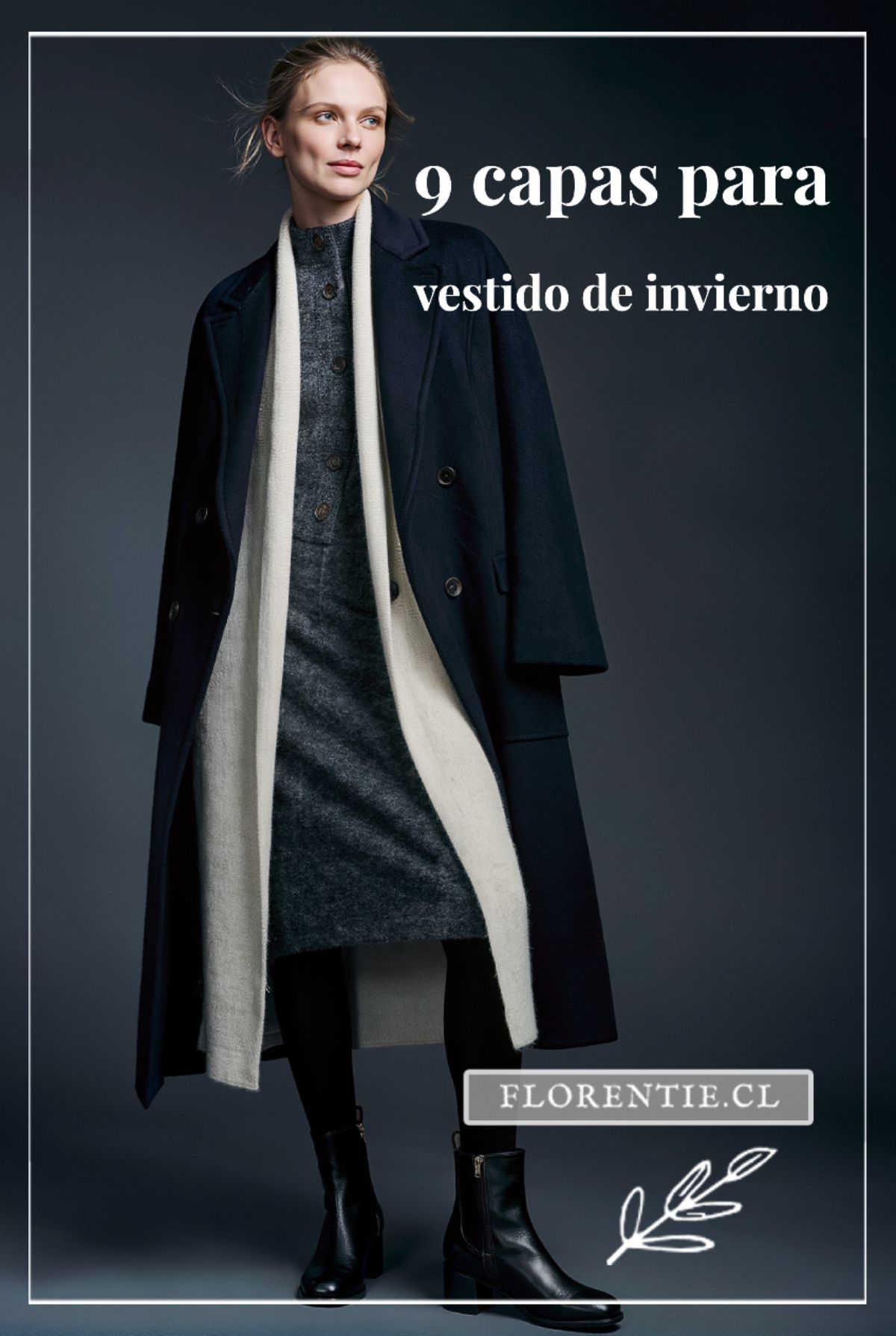 Mujer con look de capas completo para invierno — vestido midi, cardigan y abrigo abierto sobre medias opacas