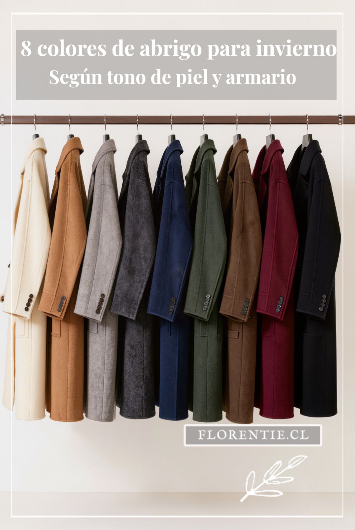 8 colores de abrigo de invierno en perchero — crema, camel, gris, antracita, azul marino, verde bosque, burdeos y negro según tono de piel