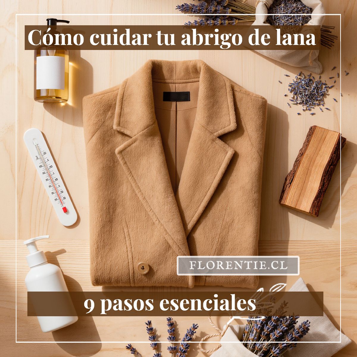 Guía de cuidado del abrigo de lana — jabón neutro, termómetro a 30°C, lavanda y cedro antipolilla sobre abrigo camel