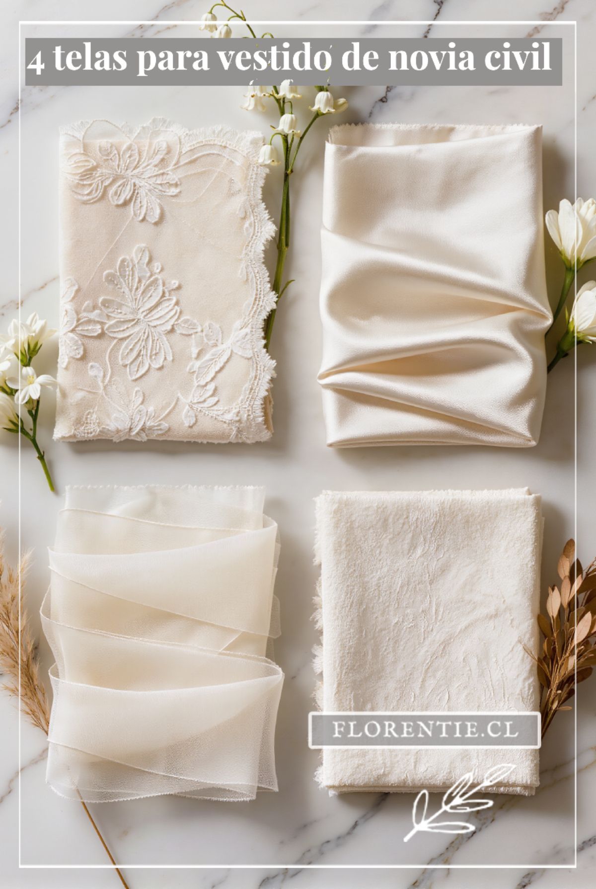 4 telas para vestido de novia civil — encaje, satén, gasa y crepé Flat lay de las 4 telas para vestido de novia civil — encaje, satén, gasa y crepé sobre mármol blanco con flores