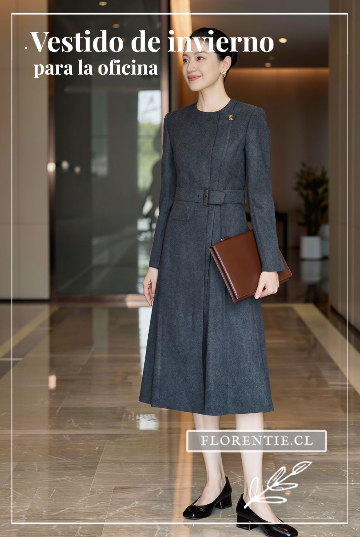 Mujer con vestido midi de lana gris antracita en lobby corporativo — vestido de invierno para la oficina
