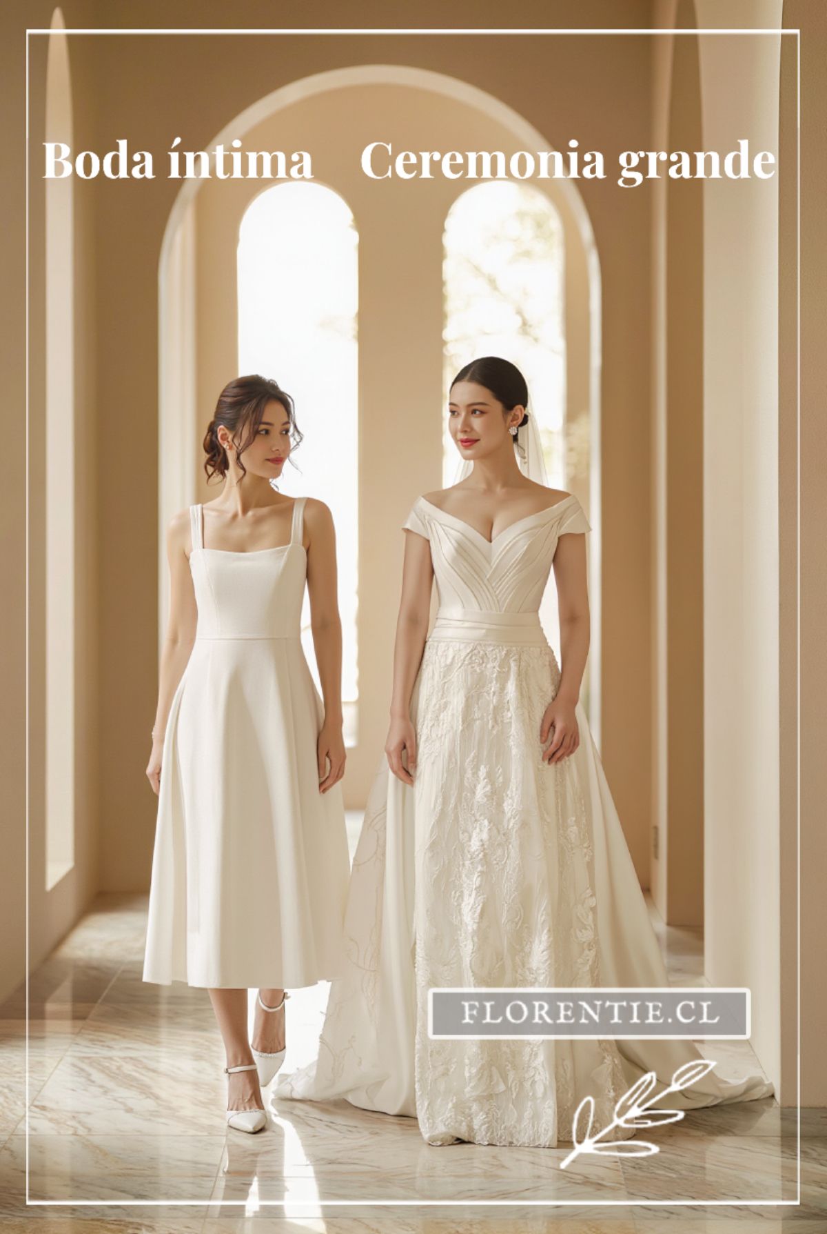 Dos novias en pasillo elegante — vestido minimal para boda íntima a la izquierda, vestido de encaje para ceremonia grande a la derecha