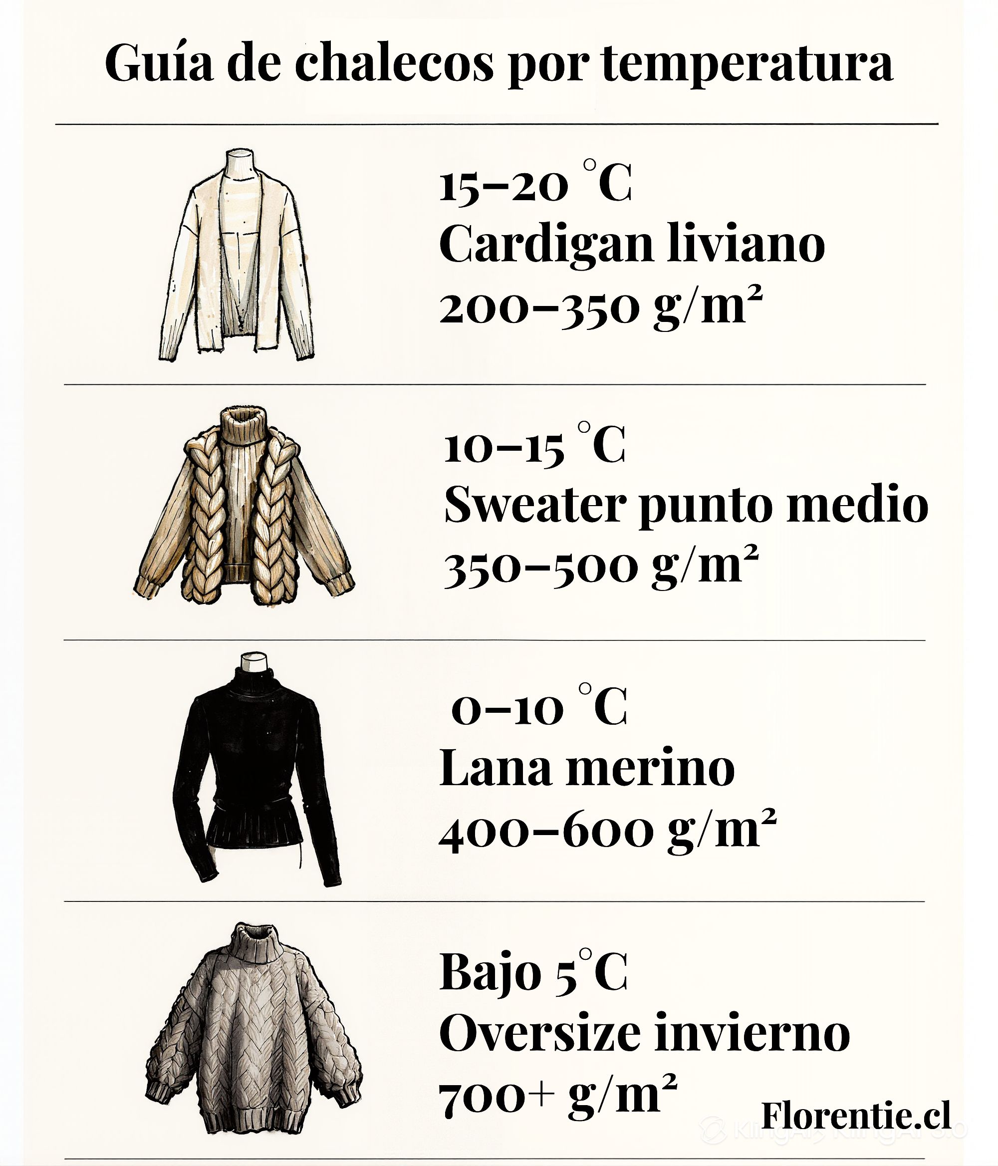 Infografía guía de chalecos por temperatura — cardigan liviano, sweater punto medio, lana merino y oversize invierno con gramaje recomendado